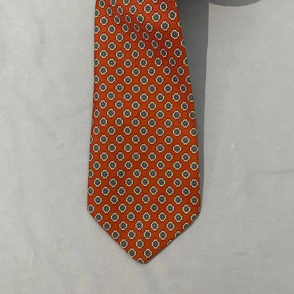 Vtg Gorsart Clothes New York 100% Silk Geometric Medallion Necktie Rust Orange